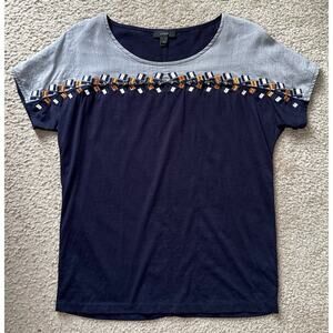 J. Crew Navy Embroidered Gem Detail Short Sleeve Tee Top Silk Blend Size Small